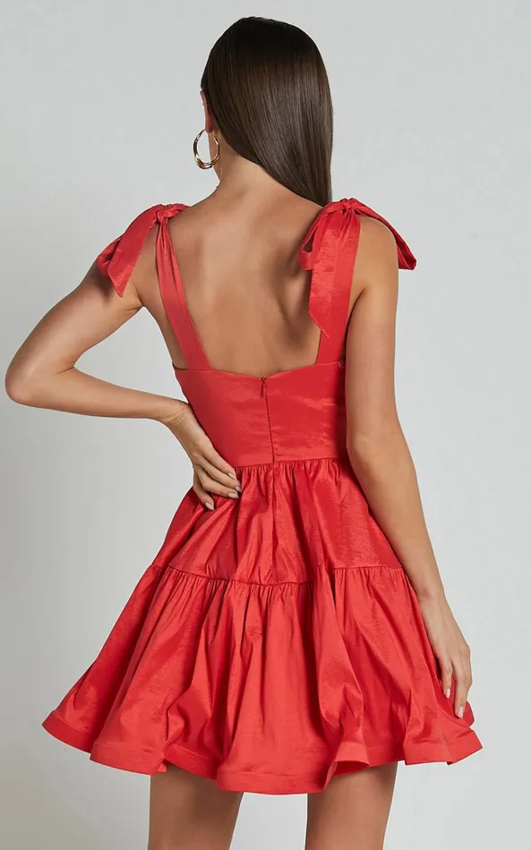 Showpo Wednesday Mini Dress 8211 Tie Shoulder Bustier Tiered Dress In Red Women Dresses