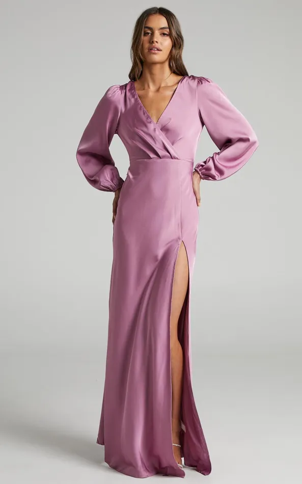 Showpo Wellah Maxi Dress 8211 Balloon Sleeve Thigh Split V Neck Satin Dress In Orchid Women Dresses Showpo Wellah Maxi Dress 8211 Balloon Sleeve Thigh Split V Neck Satin Dress In Orchid Women Dresses