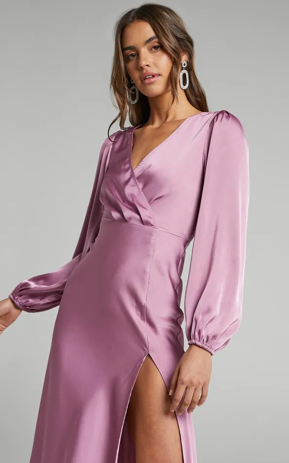 Showpo Wellah Maxi Dress 8211 Balloon Sleeve Thigh Split V Neck Satin Dress In Orchid Women Dresses