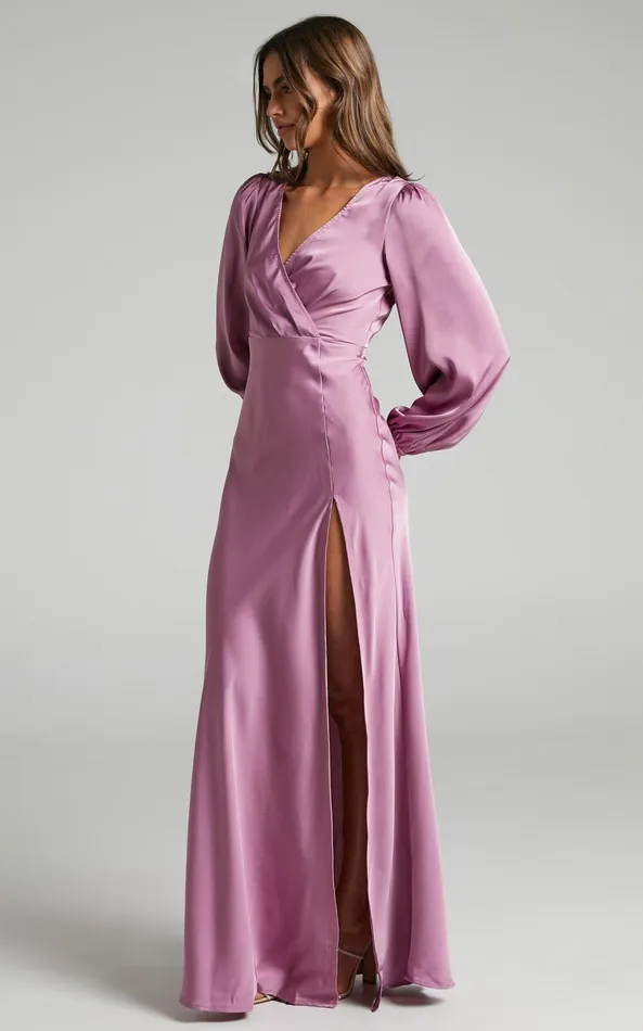 Showpo Wellah Maxi Dress 8211 Balloon Sleeve Thigh Split V Neck Satin Dress In Orchid Women Dresses