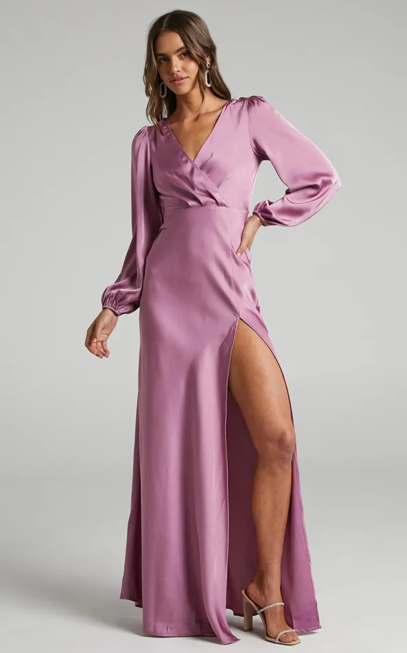Showpo Wellah Maxi Dress 8211 Balloon Sleeve Thigh Split V Neck Satin Dress In Orchid Women Dresses