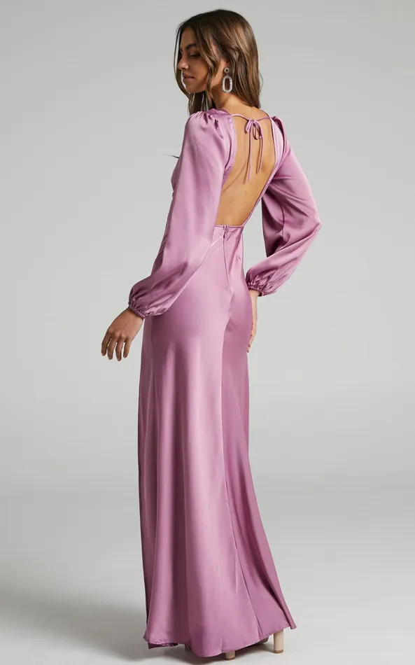 Showpo Wellah Maxi Dress 8211 Balloon Sleeve Thigh Split V Neck Satin Dress In Orchid Women Dresses