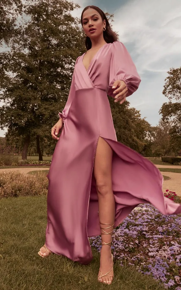 Showpo Wellah Maxi Dress 8211 Balloon Sleeve Thigh Split V Neck Satin Dress In Orchid Women Dresses