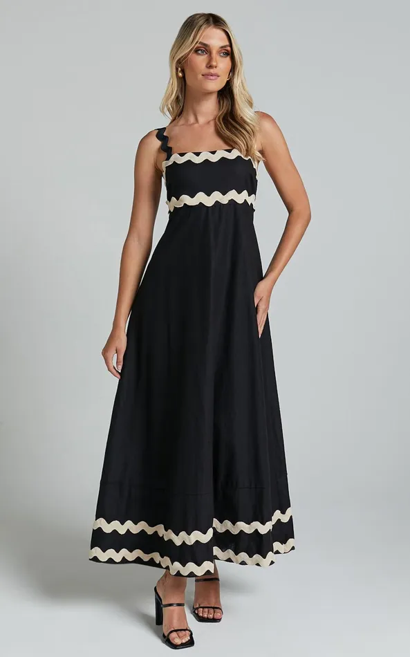 Showpo Wenalyn Midi Dress 8211 Straight Neck Wave Detail A Line Dress In Black With Beige Contrast Trim Women Dresses Showpo Wenalyn Midi Dress 8211 Straight Neck Wave Detail A Line Dress In Black With Beige Contrast Trim Women Dresses