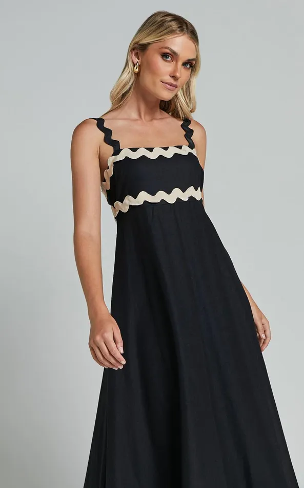 Showpo Wenalyn Midi Dress 8211 Straight Neck Wave Detail A Line Dress In Black With Beige Contrast Trim Women Dresses