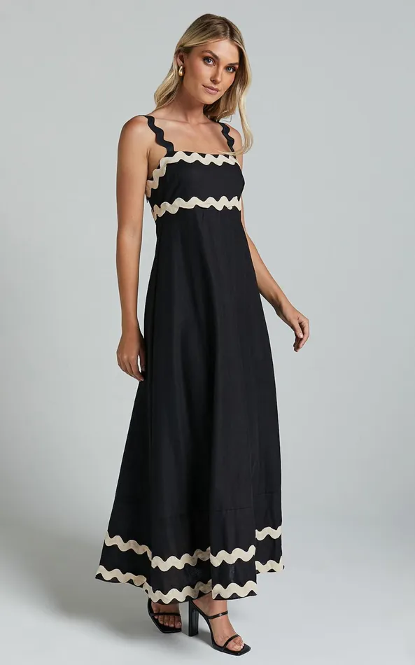 Showpo Wenalyn Midi Dress 8211 Straight Neck Wave Detail A Line Dress In Black With Beige Contrast Trim Women Dresses