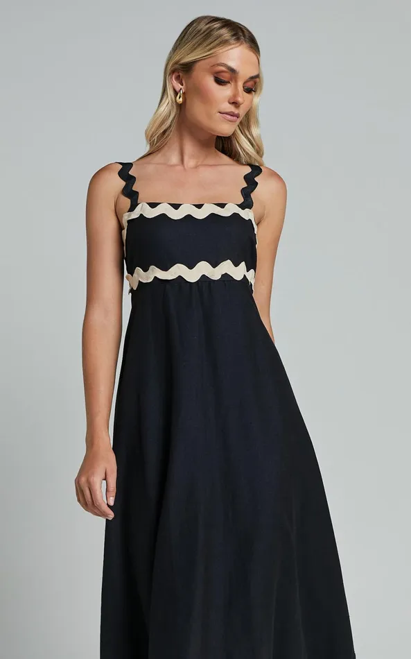 Showpo Wenalyn Midi Dress 8211 Straight Neck Wave Detail A Line Dress In Black With Beige Contrast Trim Women Dresses