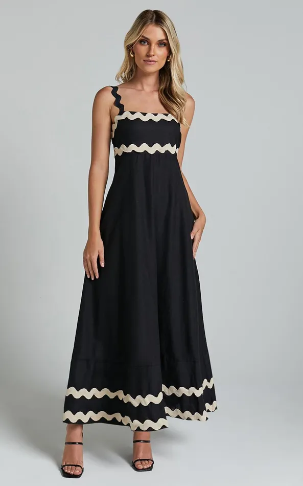 Showpo Wenalyn Midi Dress 8211 Straight Neck Wave Detail A Line Dress In Black With Beige Contrast Trim Women Dresses