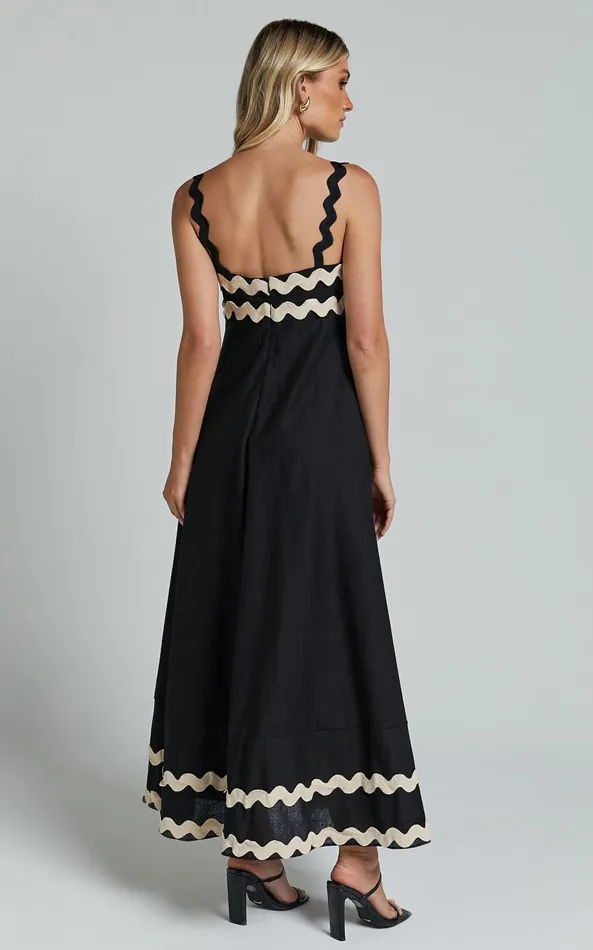 Showpo Wenalyn Midi Dress 8211 Straight Neck Wave Detail A Line Dress In Black With Beige Contrast Trim Women Dresses