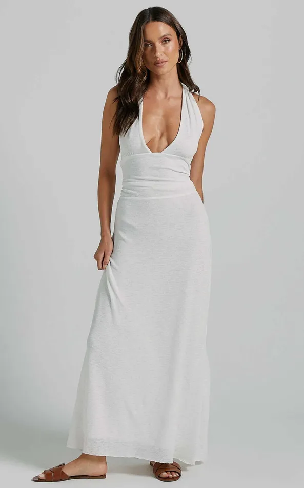 Showpo Wesley Maxi Dress 8211 Plunge Halter Neck Backless Tie In White Women Dresses Showpo Wesley Maxi Dress 8211 Plunge Halter Neck Backless Tie In White Women Dresses
