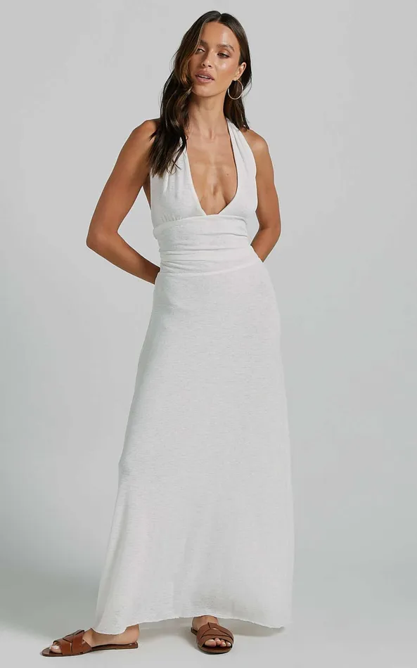 Showpo Wesley Maxi Dress 8211 Plunge Halter Neck Backless Tie In White Women Dresses