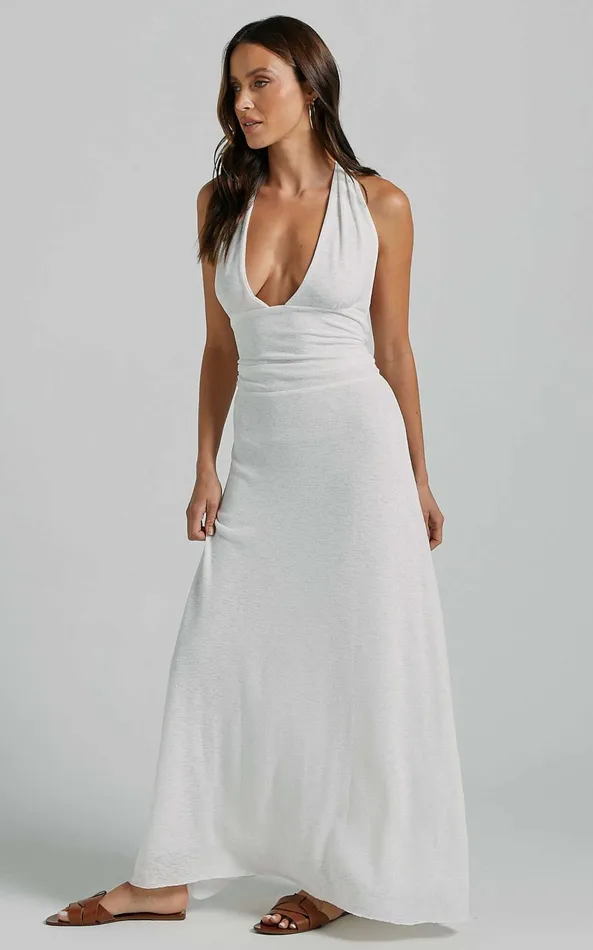 Showpo Wesley Maxi Dress 8211 Plunge Halter Neck Backless Tie In White Women Dresses