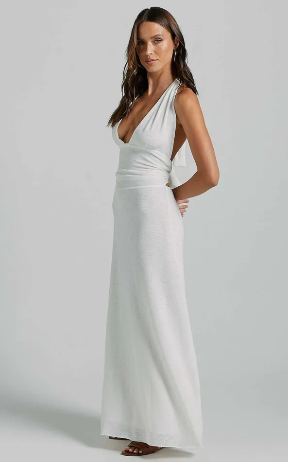 Showpo Wesley Maxi Dress 8211 Plunge Halter Neck Backless Tie In White Women Dresses