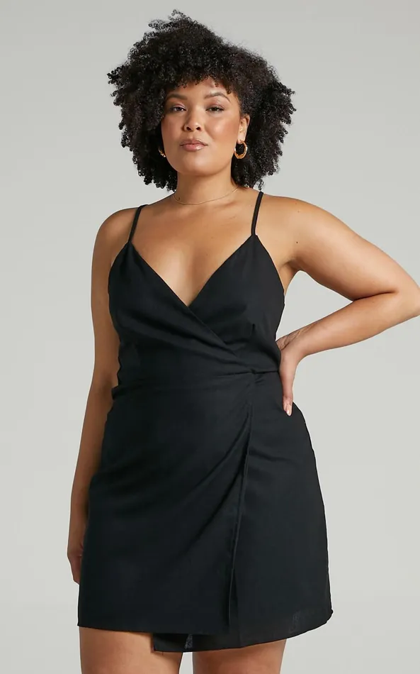 Showpo Whisper It Mini Dress 8211 V Neck Wrap Dress In Black Linen Look Women Dresses
