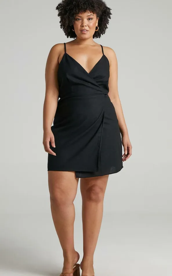 Showpo Whisper It Mini Dress 8211 V Neck Wrap Dress In Black Linen Look Women Dresses
