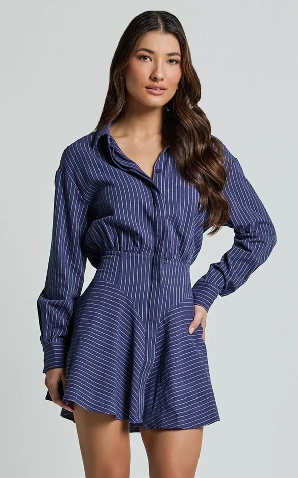 Showpo Whitney Mini Dress 8211 Linen Look Long Sleeve Shirt Dress In Navy Women Dresses