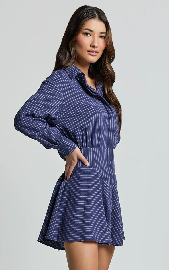 Showpo Whitney Mini Dress 8211 Linen Look Long Sleeve Shirt Dress In Navy Women Dresses