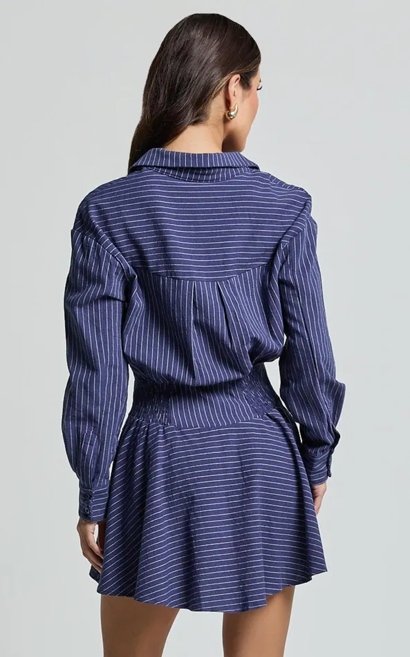 Showpo Whitney Mini Dress 8211 Linen Look Long Sleeve Shirt Dress In Navy Women Dresses