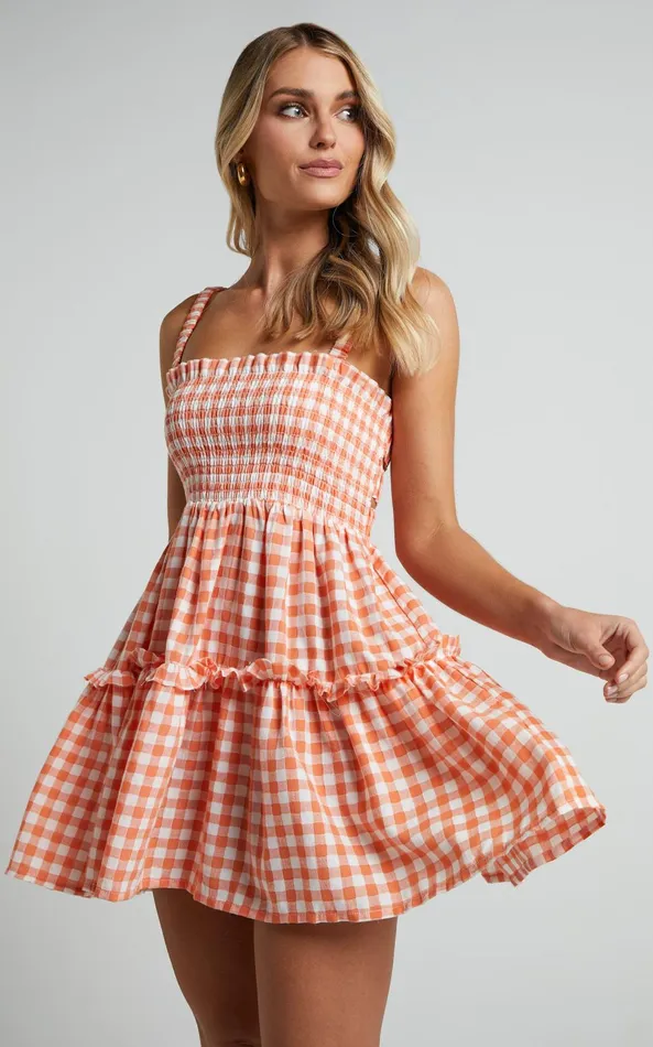Showpo Wilda Mini Dress 8211 Shirred Tiered Dress In Orange Women Dresses