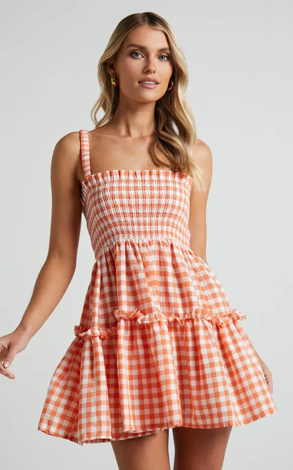 Showpo Wilda Mini Dress 8211 Shirred Tiered Dress In Orange Women Dresses