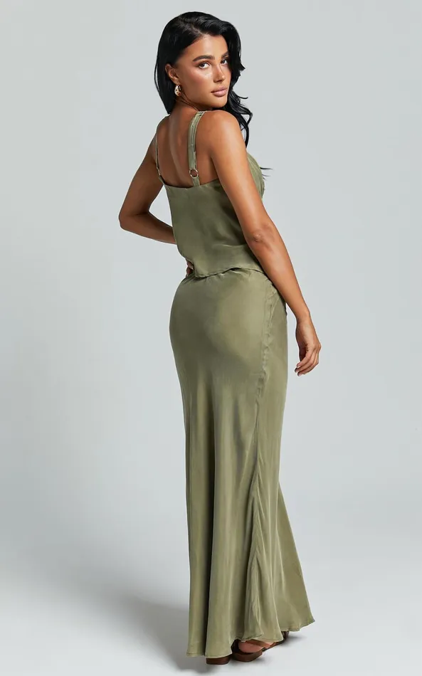 Showpo Wilhelmine Maxi Skirt 8211 Cupro High Waisted Drawstring Slip Skirt In Moss Women Skirts