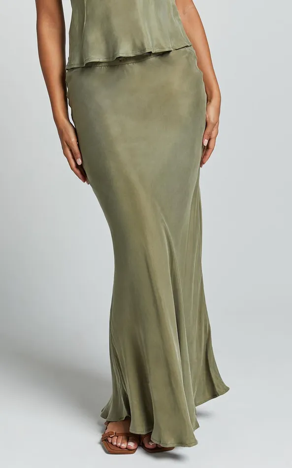 Showpo Wilhelmine Maxi Skirt 8211 Cupro High Waisted Drawstring Slip Skirt In Moss Women Skirts