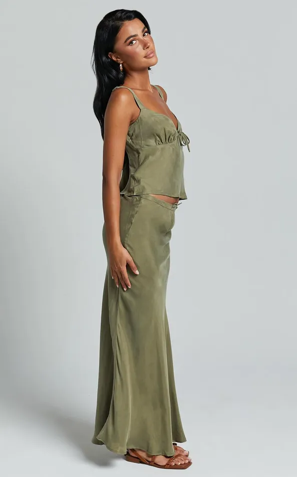 Showpo Wilhelmine Maxi Skirt 8211 Cupro High Waisted Drawstring Slip Skirt In Moss Women Skirts