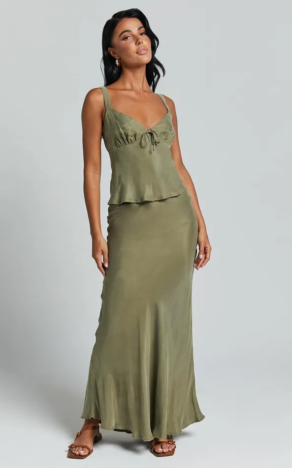 Showpo Wilhelmine Maxi Skirt 8211 Cupro High Waisted Drawstring Slip Skirt In Moss Women Skirts