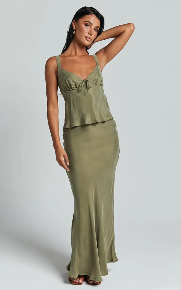 Showpo Wilhelmine Maxi Skirt 8211 Cupro High Waisted Drawstring Slip Skirt In Moss Women Skirts