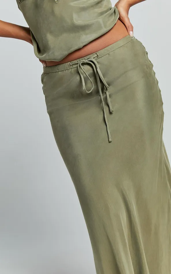 Showpo Wilhelmine Maxi Skirt 8211 Cupro High Waisted Drawstring Slip Skirt In Moss Women Skirts
