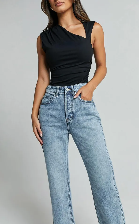 Showpo Wilkins Jeans 8211 High Waisted Straight Leg Cropped Hem Jeans In Mid Blue Wash Women Denim