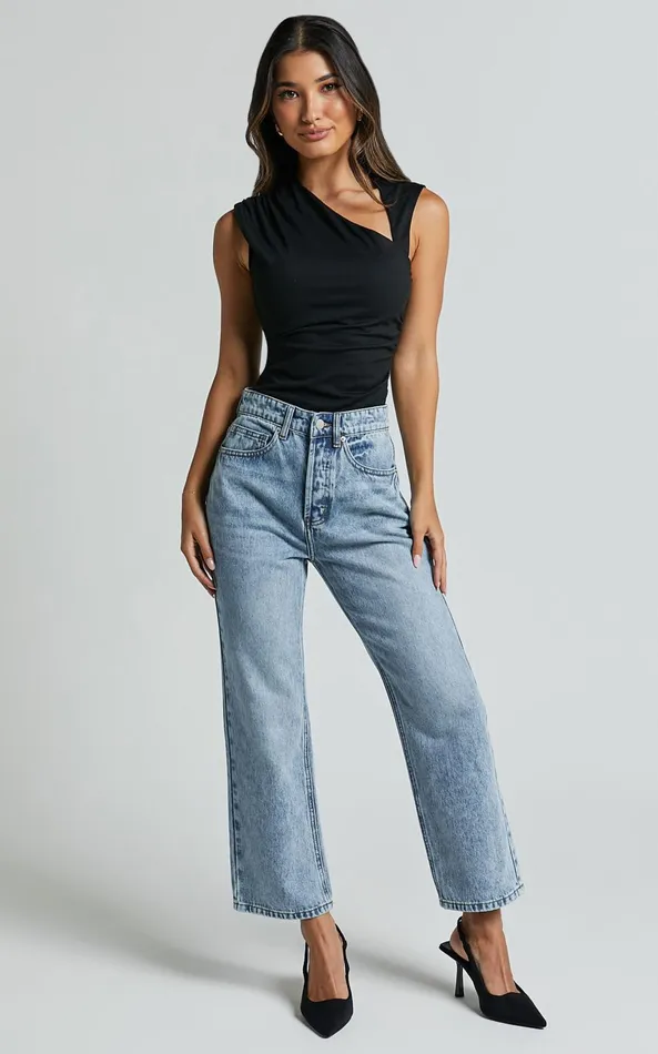 Showpo Wilkins Jeans 8211 High Waisted Straight Leg Cropped Hem Jeans In Mid Blue Wash Women Denim