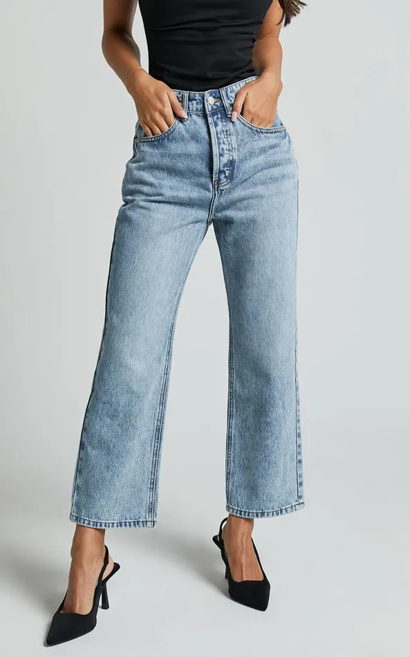 Showpo Wilkins Jeans 8211 High Waisted Straight Leg Cropped Hem Jeans In Mid Blue Wash Women Denim