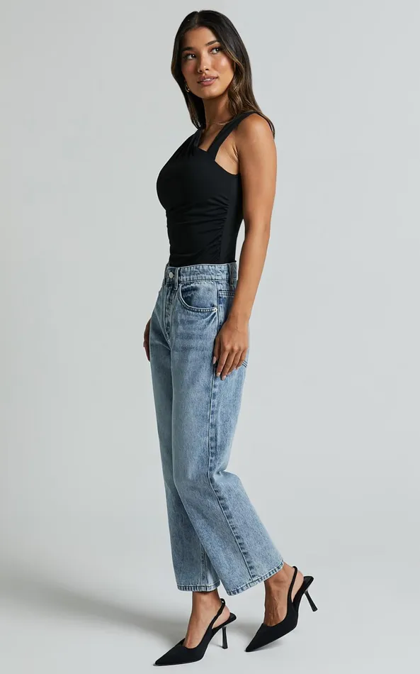 Showpo Wilkins Jeans 8211 High Waisted Straight Leg Cropped Hem Jeans In Mid Blue Wash Women Denim