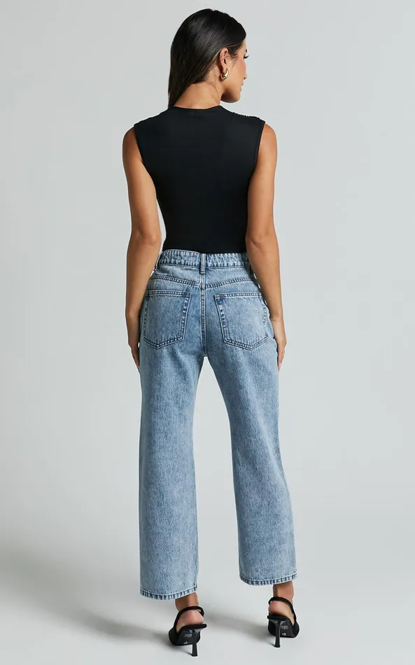 Showpo Wilkins Jeans 8211 High Waisted Straight Leg Cropped Hem Jeans In Mid Blue Wash Women Denim