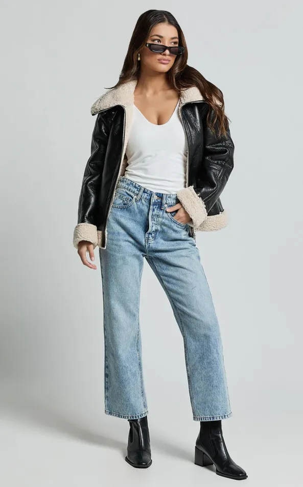 Showpo Willa Jacket 8211 Faux Leather Shearling Aviator Jacket In Black Women Jackets and Coats