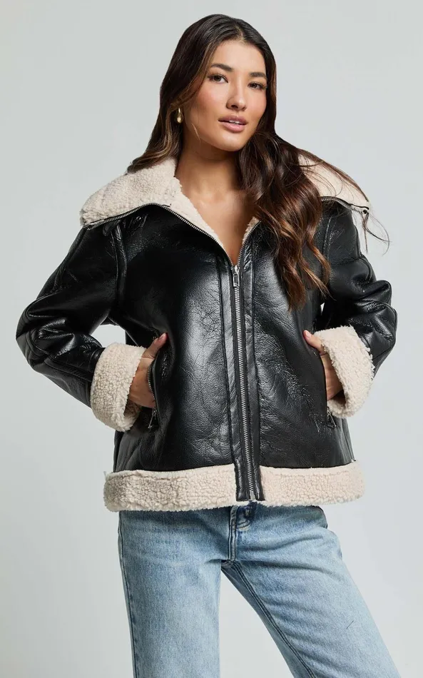 Showpo Willa Jacket 8211 Faux Leather Shearling Aviator Jacket In Black Women Jackets and Coats