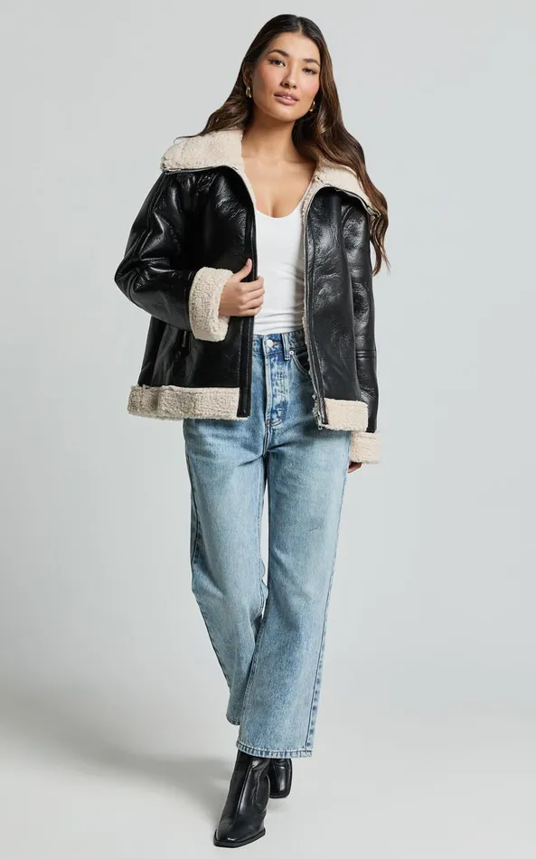 Showpo Willa Jacket 8211 Faux Leather Shearling Aviator Jacket In Black Women Jackets and Coats