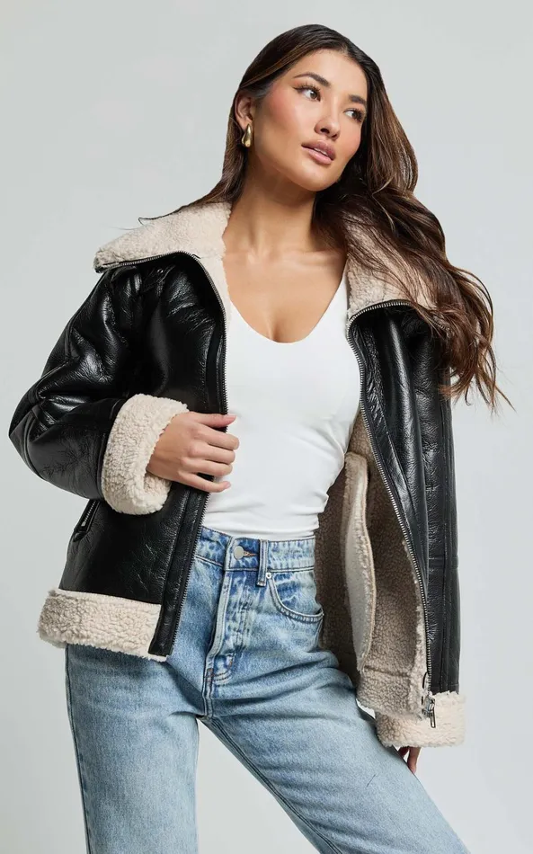 Showpo Willa Jacket 8211 Faux Leather Shearling Aviator Jacket In Black Women Jackets and Coats