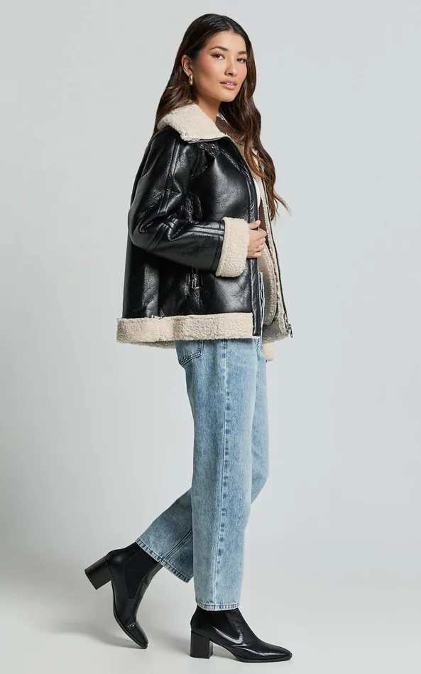 Showpo Willa Jacket 8211 Faux Leather Shearling Aviator Jacket In Black Women Jackets and Coats