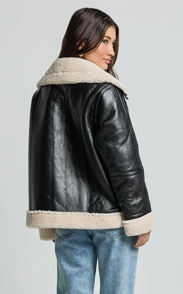 Showpo Willa Jacket 8211 Faux Leather Shearling Aviator Jacket In Black Women Jackets and Coats