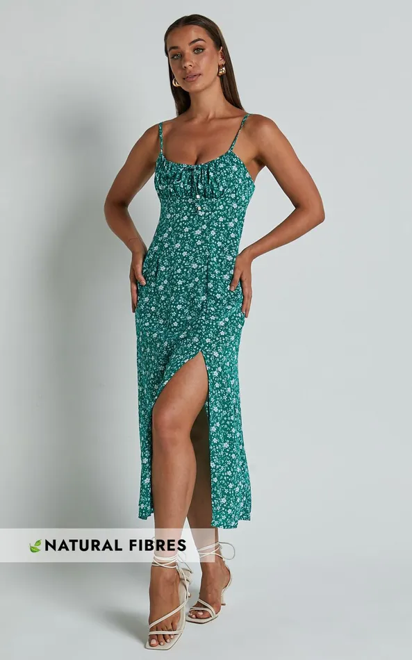 Showpo Willa Midi Dress 8211 Ruched Bust Thigh Split Dress In Green Floral Women Dresses Showpo Willa Midi Dress 8211 Ruched Bust Thigh Split Dress In Green Floral Women Dresses