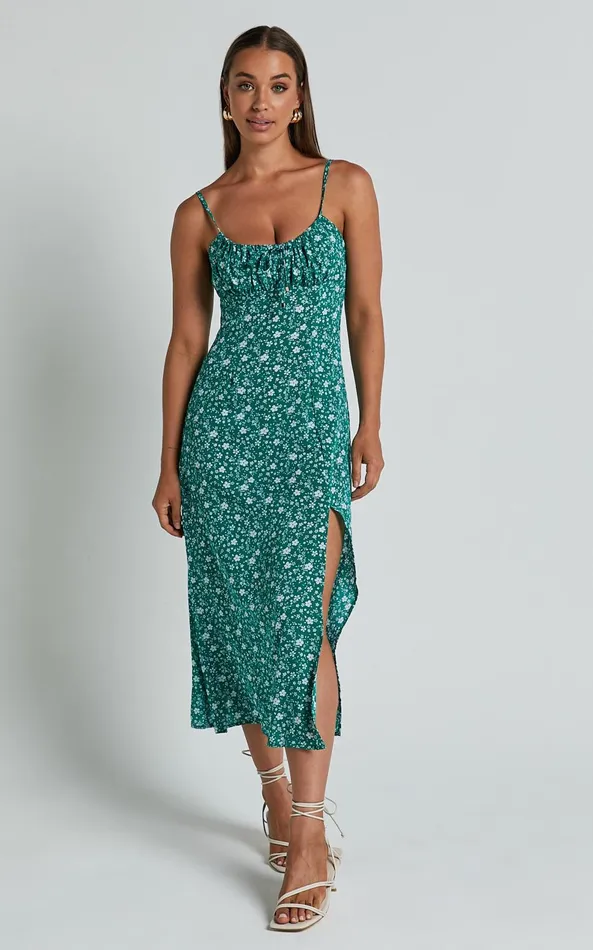 Showpo Willa Midi Dress 8211 Ruched Bust Thigh Split Dress In Green Floral Women Dresses
