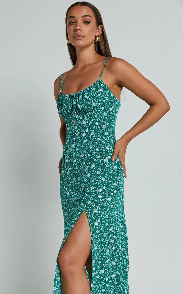 Showpo Willa Midi Dress 8211 Ruched Bust Thigh Split Dress In Green Floral Women Dresses