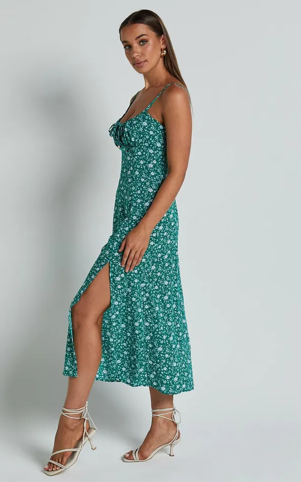 Showpo Willa Midi Dress 8211 Ruched Bust Thigh Split Dress In Green Floral Women Dresses
