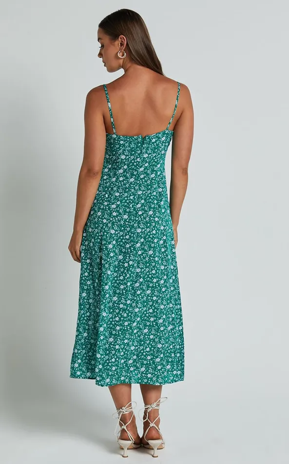 Showpo Willa Midi Dress 8211 Ruched Bust Thigh Split Dress In Green Floral Women Dresses