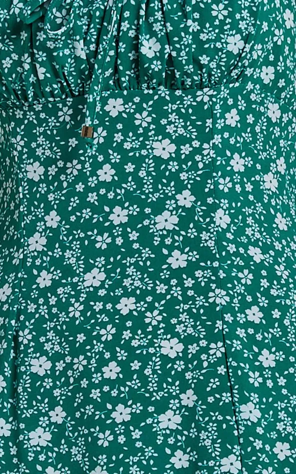 Showpo Willa Midi Dress 8211 Ruched Bust Thigh Split Dress In Green Floral Women Dresses