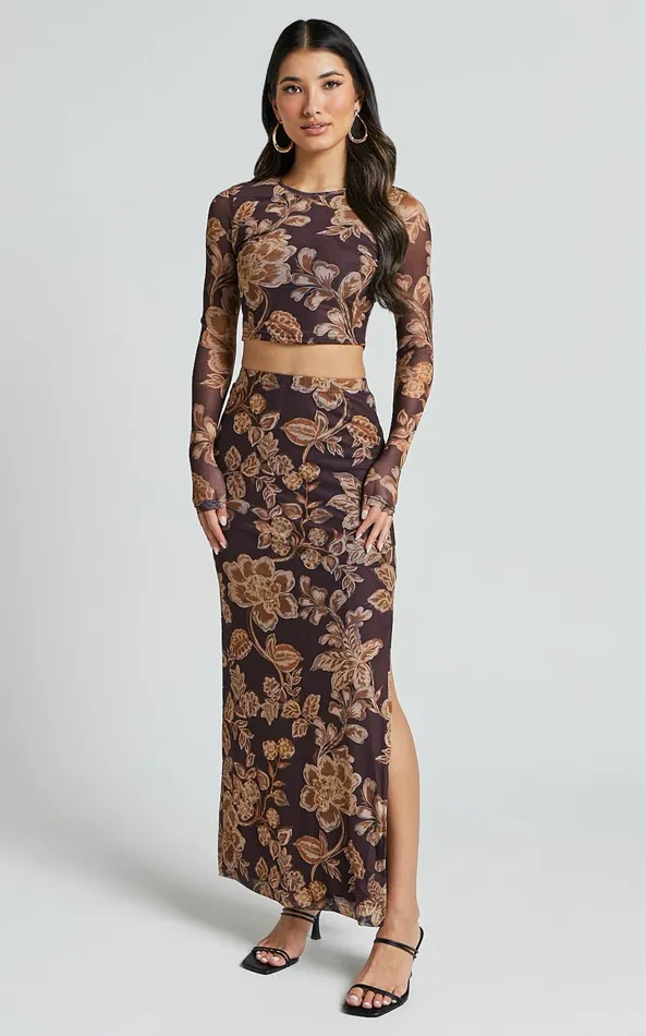 Showpo Willow Two Piece Set 8211 Long Sleeve Top And Midi Skirt Mesh Set In Amber Bloom Print Women Two Piece Sets and Coords Showpo Willow Two Piece Set 8211 Long Sleeve Top And Midi Skirt Mesh Set In Amber Bloom Print Women Two Piece Sets and Coords