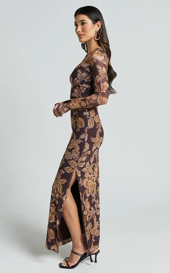 Showpo Willow Two Piece Set 8211 Long Sleeve Top And Midi Skirt Mesh Set In Amber Bloom Print Women Two Piece Sets and Coords