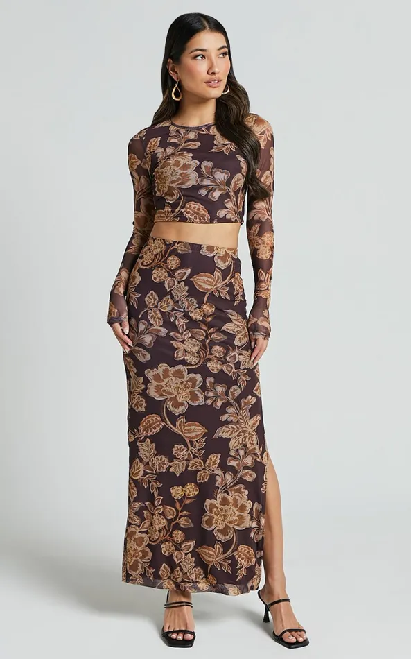 Showpo Willow Two Piece Set 8211 Long Sleeve Top And Midi Skirt Mesh Set In Amber Bloom Print Women Two Piece Sets and Coords